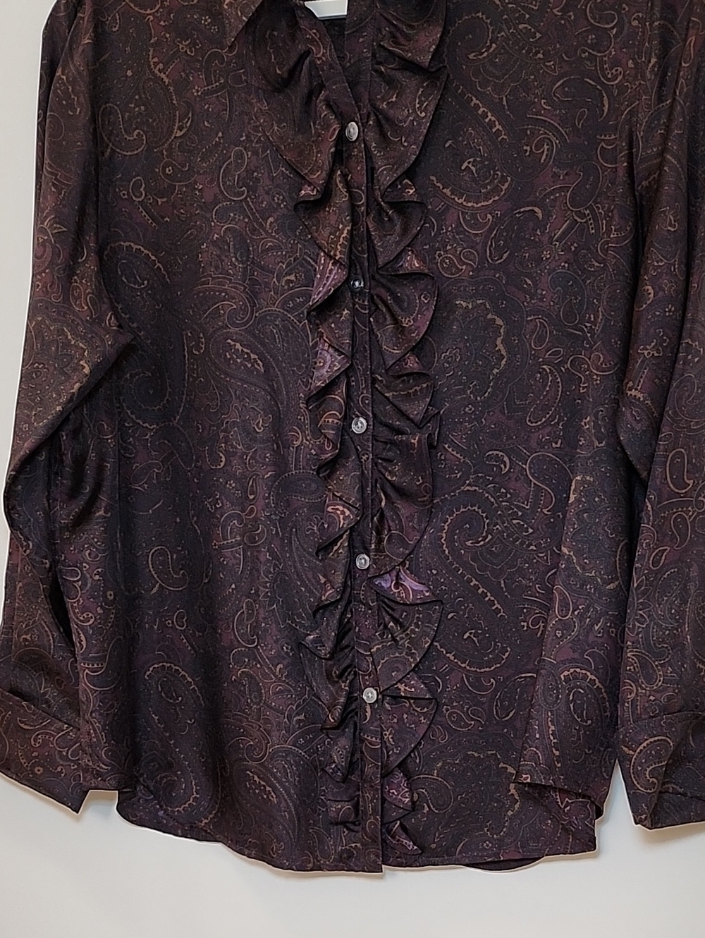 Ralph Lauren Women's 100 % Silk formal blouse paisley print  ruffle front Size L - Picture 5 of 16